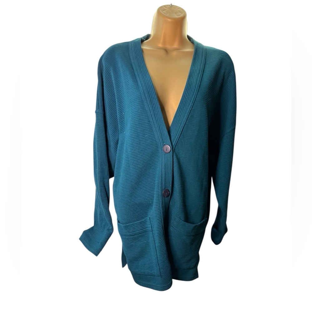 Vintage 90s Cr & Me Ribbed Cardigan Sweater Oversized Slouchy Teal Xl